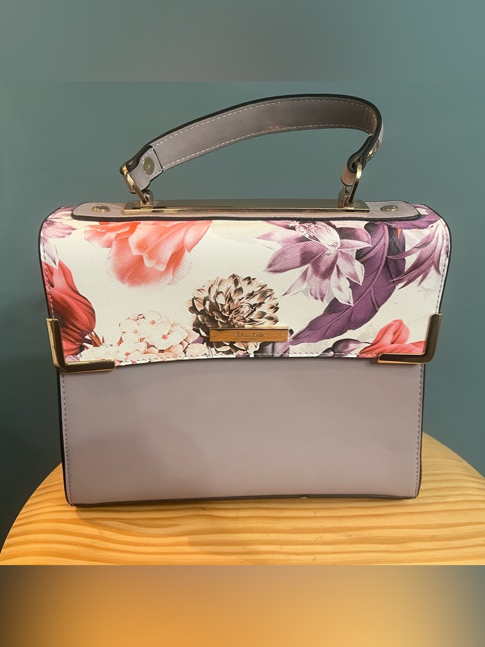 Dune London Floral Structured Top Handle Satchel Handbag Gray Gold